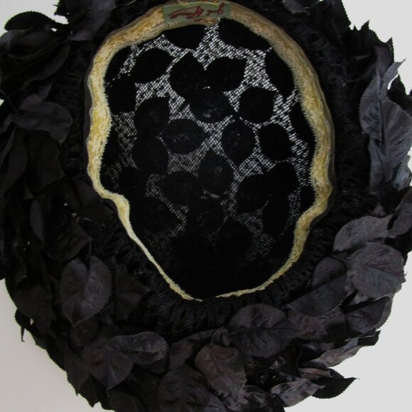 Tall Breton Hat Vintage Black Parasisal Straw Silk Leaves Church - Picture 9 of 10